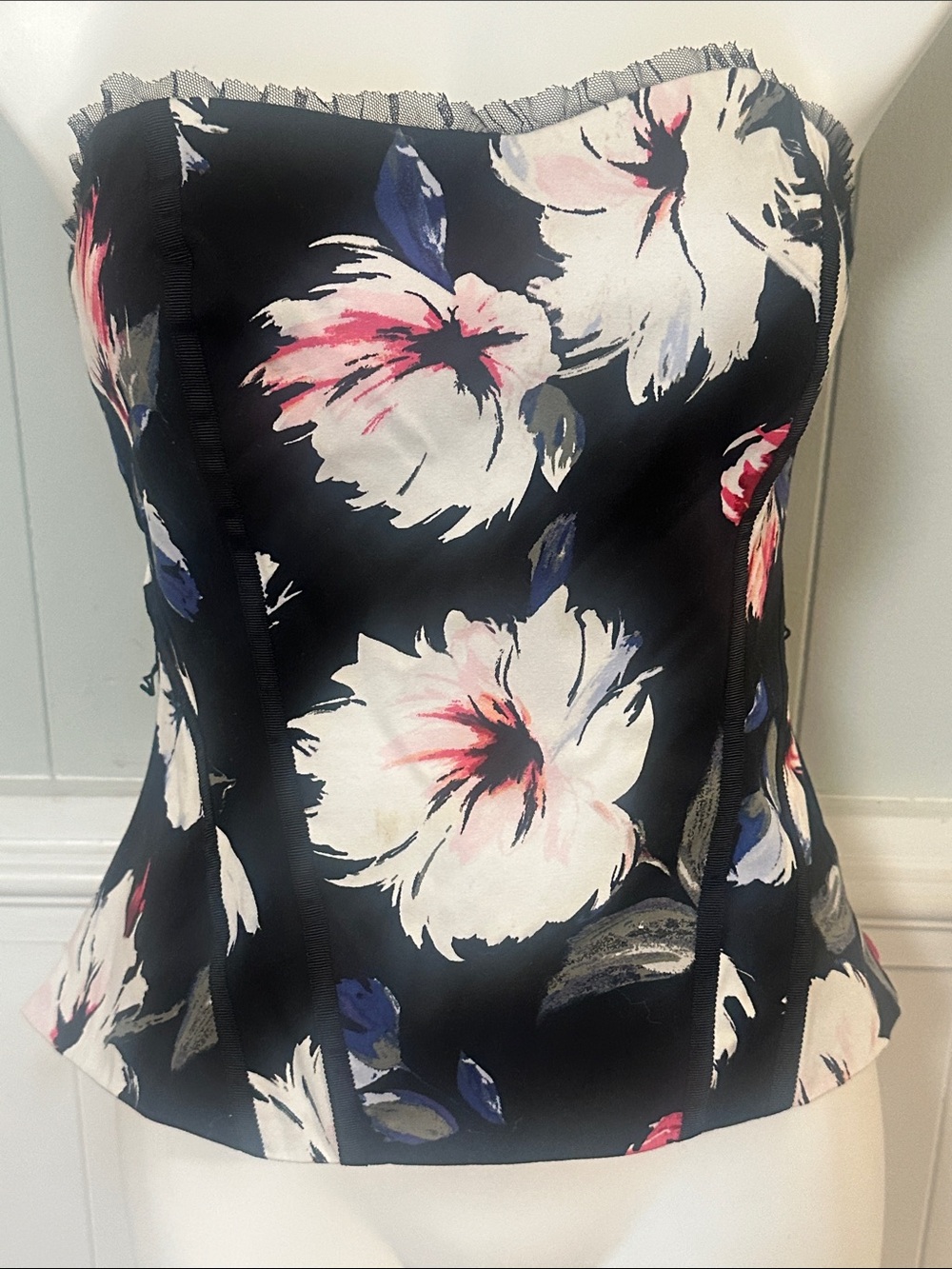 White House Black Market Black Floral Strapless Corset Top